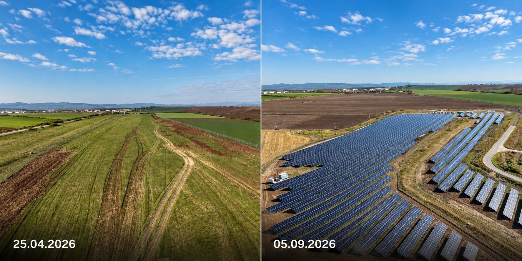 Aerial views of the same site: a grass field crossed by vehicle tracks on 25 April 2026, and the completed solar plant on 5 September 2026