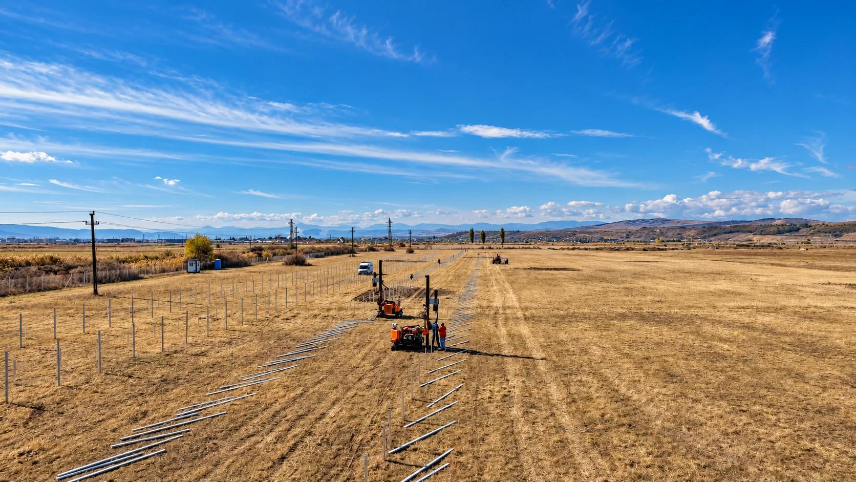 The 79 MWp site in Alba County in October 2026: piling rigs driving the first mounting posts into a dry field, with rows of posts and steel profiles laid out beside them