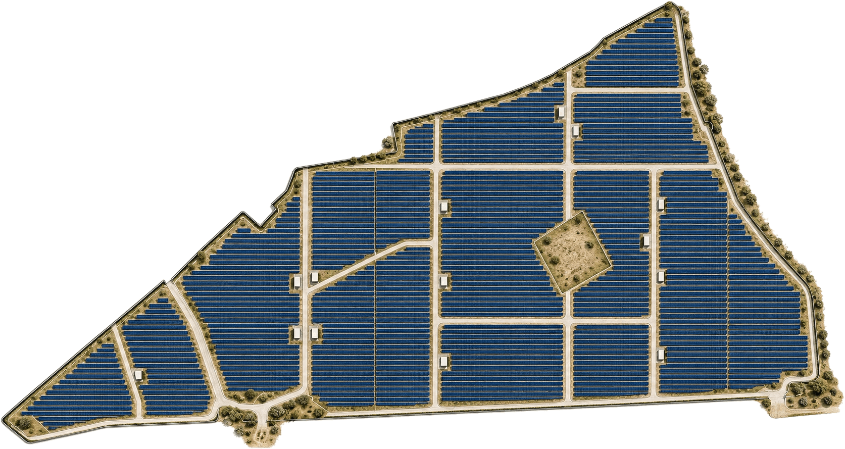 Layout of the 79 MWp plant: blocks of panel rows on a triangular plot, with internal roads, inverter stations and a green buffer along the fence