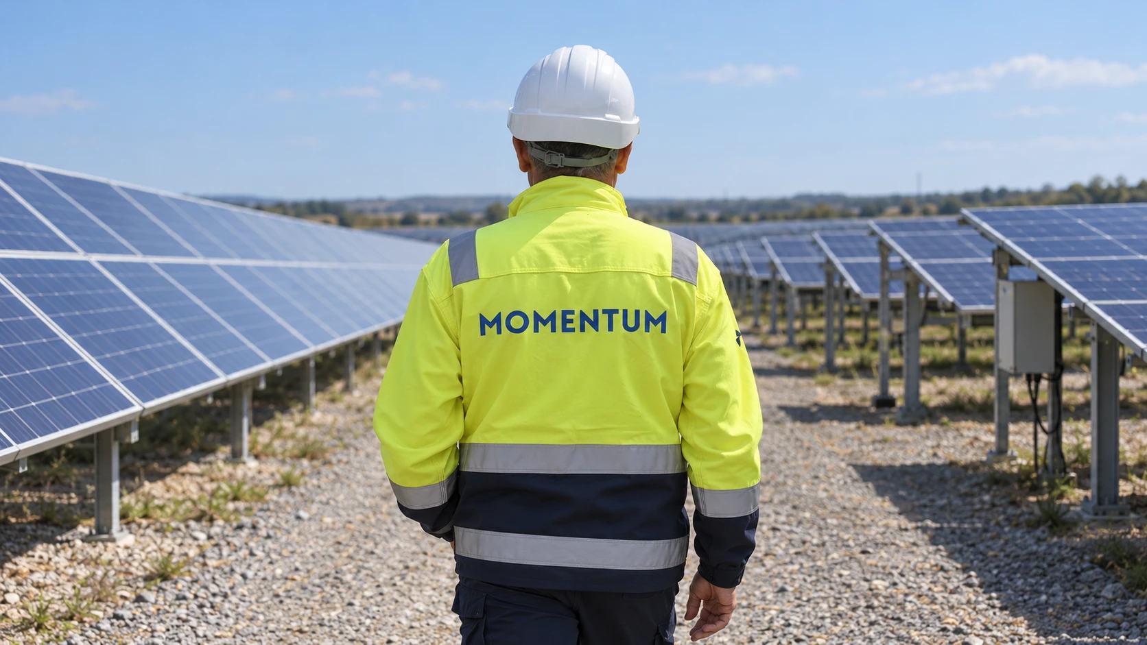 A Momentum Energy engineer in a hard hat and high-visibility jacket walking between rows of solar panels