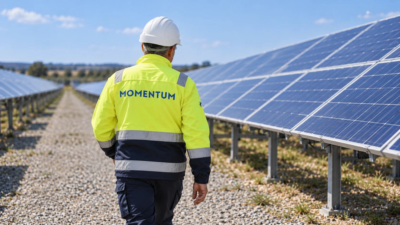 Un inginer Momentum Energy, cu cască și vestă reflectorizantă, mergând de-a lungul unui rând de panouri solare